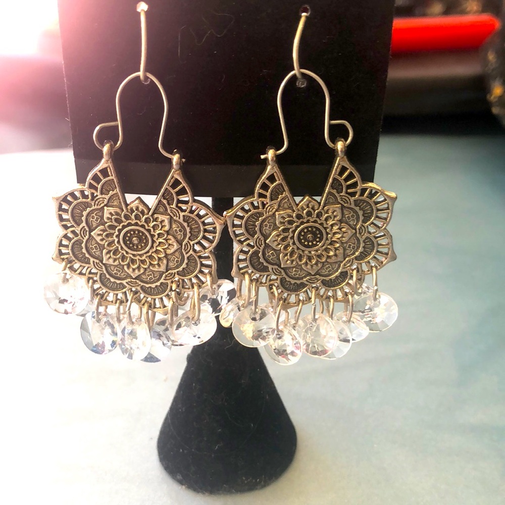 Stunning Silver Tone Boho Chic Artisan Dangle Earrings with Round Clear Crystals